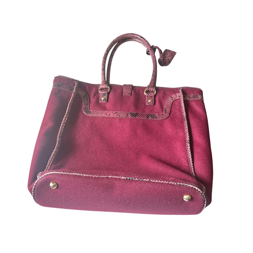 Badgley Mischka Burgundy Wool Tote Bag Snakeskin Trim Zip Pocket‎ Satchel